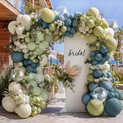 Blue Green Balloon Arch Kit, Double Stuffed Dusty Blue Pastel Olive Mist Green White Balloon Garland with Clear Bobo for Birthday Neutral Baby Shower Bridal Wedding Fall Party Decoration