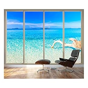 Wall26 - Large Wall Mural - Tropical Beach Seen Through Sliding Glass Doors | 3D Visual Effect Self-Adhesive Vinyl Wallpaper/Removable Modern Decorating Wall Art - 100"x144"