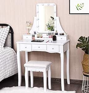 Iglobalbuy Tocador Blanco Vanity Makeup con Luces LED Juego de Mesa