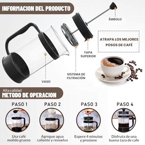 Prensa Francesa De Vidrio,Cafetera Prensa Francesa 1 Litro De Vidrio Resistente a Altas Temperaturas y Acero Inoxidable, Para Preparar Café o Tisana, Ideal Para Café Molido e Infusiones (Transparente)
