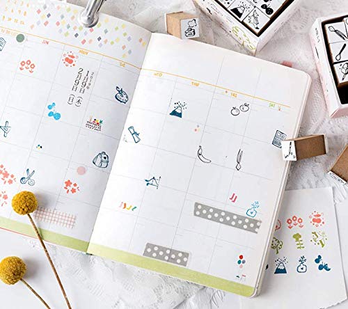 48 Piece Wooden Rubber Stamps, Magnoloran Mini Cute DIY Diary Stamps Set with Storage Box Multipurpose DIY Diary Cards Stamps Craft for DIY Craft Card Making Happy Planner Scrapbooking Supplies