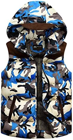 Men's Blue Camouflage Warm Waistcoat with Detachable Hoodie (X-Large)