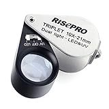 Jeweler Loupe, RISEPRO 10x Magnification Jeweler Loupe Triplet Lens with 6 LED UV Light 21mm MG7802-10X