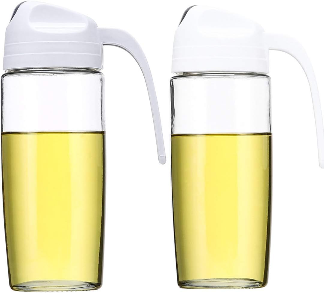 CHERISH Olive Oil Dispenser, 2 Pcs Auto Flip Salad Dressing Bottle (20 OZ), Oil Cruet Glass, Leakproof Vinegar Dispensing Cruets, Automatic Cap and Non-slip Handle (White and Gray)