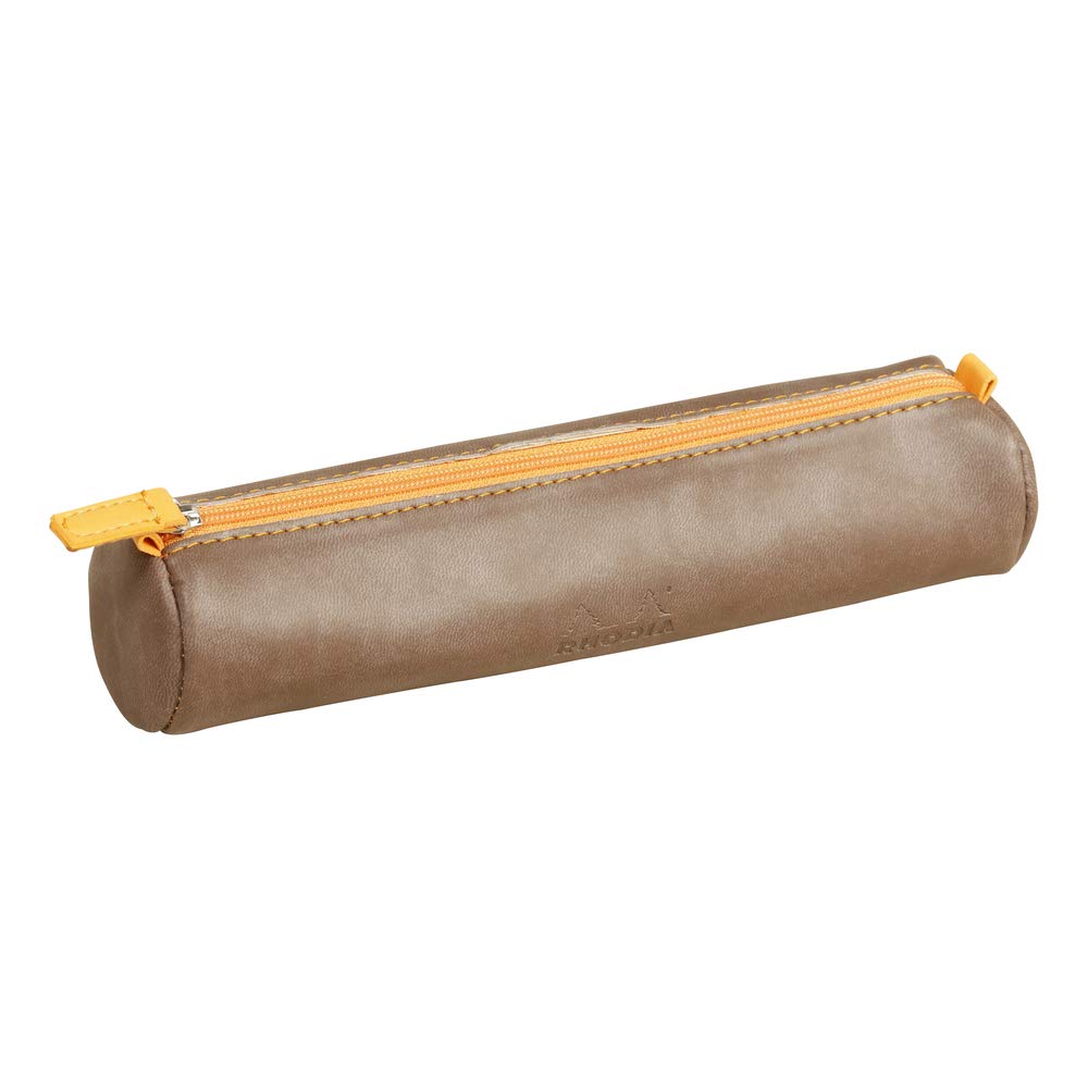 RHODIA 318893C - Chocolate Rhodiarama Round Pencil Case - 21.5 x 5.5 cm - Genuine Orange Stitching - Ivory Jersey Interior - Faux Leather - Storage for Pens, Pencils, Markers, Small Supplies — image 1