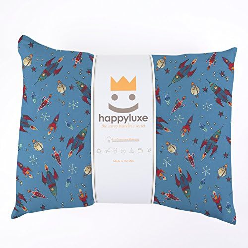 Happyluxe Expedition Travel Pillow and Pillowcase for Kids, Machine Washable and Hypoallergenic. For Toddlers, Airplane, Car, Camping, Sleepovers, 13 x 18, 100% Cotton, Made in the USA, To the Moon