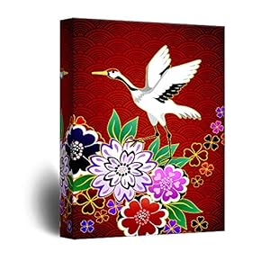 Crane on Red Floral Background