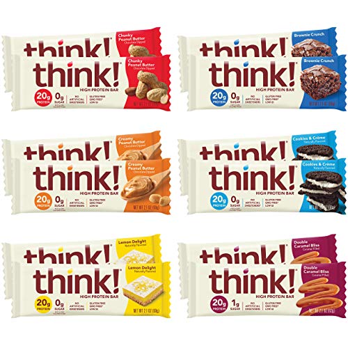 think! High Protein Bars – Variety Pack, 20g Protein, 0-3g Sugar, No Artificial Sweeteners, Gluten Free, GMO Free, 2.1-2.2 oz bar (12 Count)