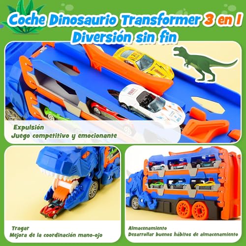 NEOROSVIKA Dinosaurios de Juguetes, Camión de Juguete de Dinosaurios con 12 Coches, Carritos Juguetes para Niño, Pista Doble Plegable, Regalo para Niños y Niñas (Azul)