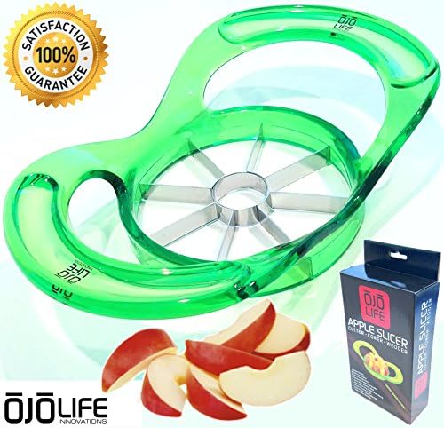 Professional Duty Apple Slicer - Corer - Wedger - Unique Translucent Green - Multi Function Divider by OjoLife Innovations - Razor Sharp Stainless Steel Blades - PBA Free - Ergonomic Low Profile