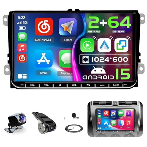 Hikity 2G+64G 9' Android 15 2 DIN Car Radio with Dashcam for VW Golf 5 6 Polo Touran Tiguan Skoda Wireless Carplay Android Car Touchscreen Stereo Car with GPS WiFi HiFi RDS MIC+Dashcam+Rear Camera
