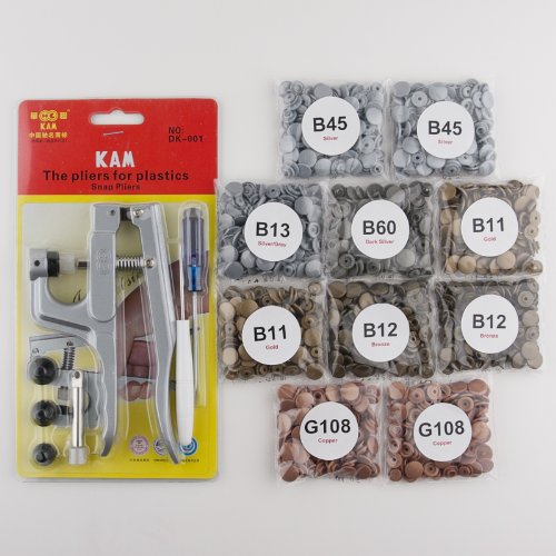 Bundle - 2 Items: Starter Pack KAM Plastic Snap Setting Pliers & Awl Set with 100 Complete KAM Plastic Snap Sets for No Sew Fasteners/Cloth Diaper/Sewing/Unpaper Towels/Nappies/Buttons (Metallic)