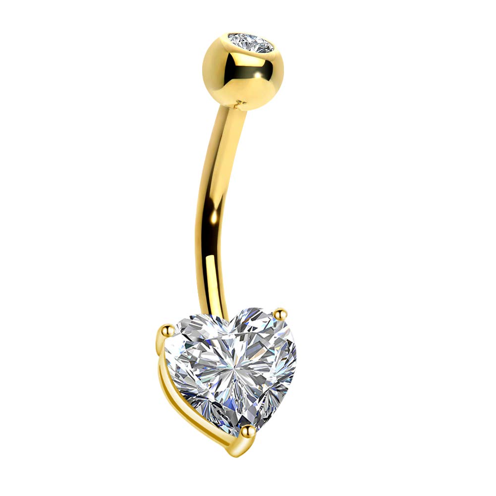 OUFER 14K Gold Heart Solitaire Cubic Zirconia Belly Button Rings Navel Bars Body Piercing Jewellery Valentine's Day Gifts in 14Gauge for Women