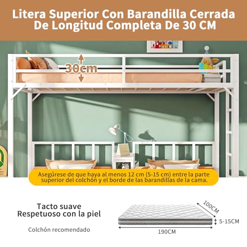 Simple Wisdom Literas de 3 Camas,Literas Individuales Tiene Tres Base Cama Individual,Litera Triple con Mesa,Equipado con Barandillas y Escaleras,La Base Metal es Resistente y Estable (Blanco)