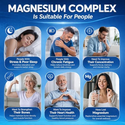 Magnesium 700mg | Magnesium Complex 12 in 1 (Glycinate, Citrate, Malate) | High Absorption Formula | Supports Muscle Stress, Heart & Bones | 90 Capsules
