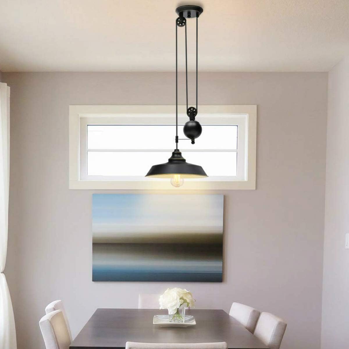 KingSo Rustic Pulley Pendant Light One Light Adjustable Height Industrial Black Ceiling Hanging Light Indoor Island Lamp for Dining Living Room Kitchen Hallway Foyer Farmhouse, One Light - - 