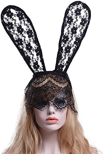 DRACLE Fashion Rabbit Lace Mask Ears Headband Design for Halloween Dance Party (black)