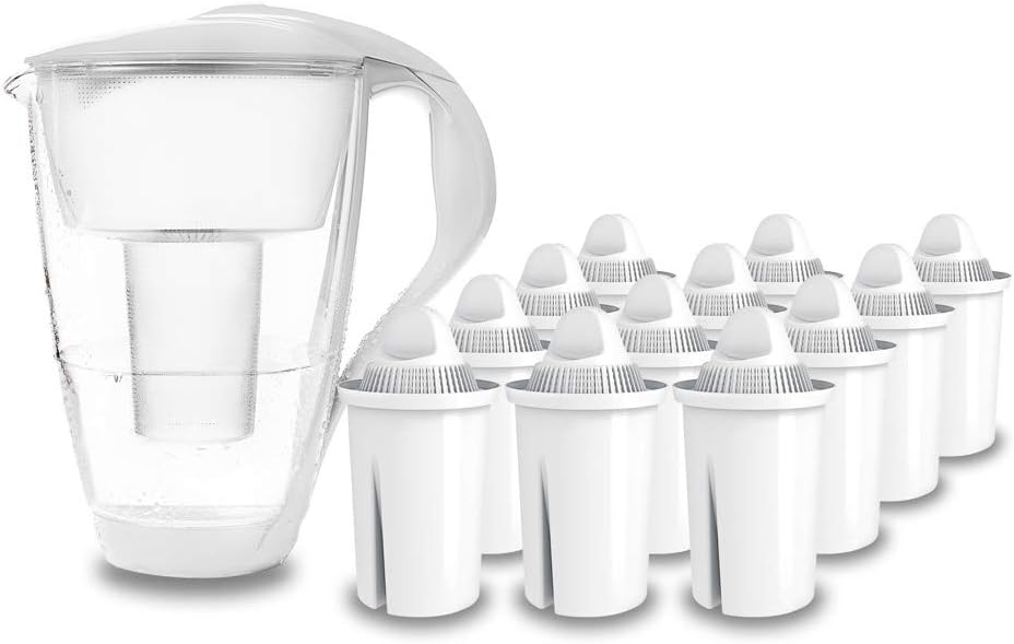 PearlCo - Glas-Wasserfilter (weiß) mit 12 classic Filterkartuschen - passt zu Brita Classic