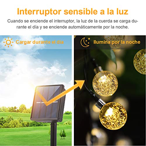 bedee Luces de Cuerda Solar 50 LED 7 Metros Luces solares de Patio con 8 Modos, Luces de Cuerda de Bola de Cristal Impermeable IP65 para Patio, Fiesta, Boda, decoración de Navidad (Blanco cálido)
