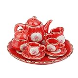 MagiDeal Dollhouse Miniature Dining Ware Porcelain Tea Set Dish Cup Plate 8pcs Red