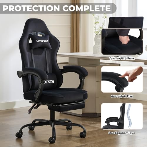 WOTSTA Massage Chaise Gaming Tissu avec Coussin en éponge Haute densité, Siege Gamer avec Repose-Pieds, Fauteuil Gamer pour Adultes Kids,Chaises de Bureau Capacité de Charge 120 kg