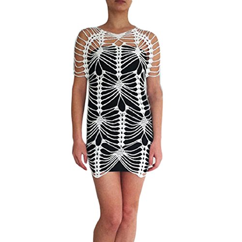 ShenPr Women Bathing Openwork Irregular Skull Net Crochet Smock Bikini Swimwear Beach Cover Up (White, XL)