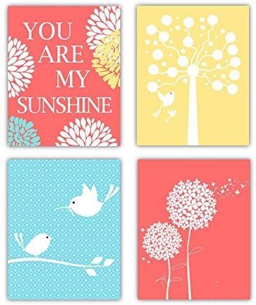 Dandelion, Tree, Mommy and Me, and You are My Sunshine Art, Coral Yellow and Aqua Nursery Decor, Nursery Wall Art, Art for Kids, Set of Four 8x10" Prints Only. *Mats or Frames are NOT Included