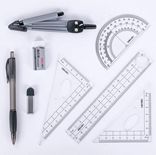 Shuxy 9 Pieces Math Geometry Kit - Shatterproof Box, Pencil, Rulers, Eraser, Protractor, Compass - Math Scribing and Marking Tool Set for Students