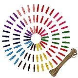 Jmkcoz 100 Pack Wood Craft Spring Clothespins Mini Colored Natural Wooden Clothes Pins Photo Paper Peg Pin Craft Clips with 10 Meters Jute Twines Random Color