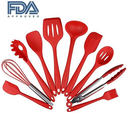 Silicone Kitchen Cooking Utensils Set, Non-stick & Heat-resistant, Picnic Barbecue Baking tools (10 pieces, red)
