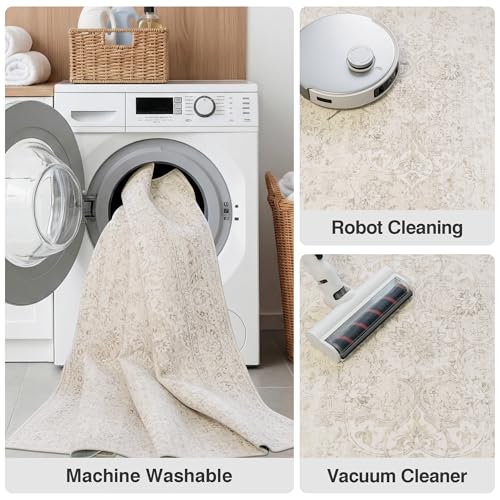 Fmfunctex 9x12 Washable Area Rug Neutral Beige Vintage Distressed Oriental Non Slip Low Pile Floral Rug Cream Traditional Soft Thin Retro Tapis Salon Indoor Carpet for Living Room Bedroom Dining Room