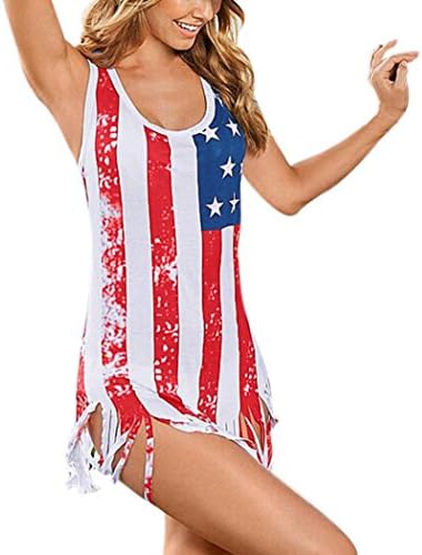 Nevera Fashion Women Sleeveless Flag Printed Blouse Casual Tassels Vest Top (2XL, Red)