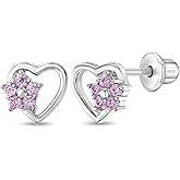 925 Sterling Silver 4mm Heart & Flower Screw Back Earrings for Children with Pink Cubic Zirconia Stones - For Little Girls, Toddlers & Preteens