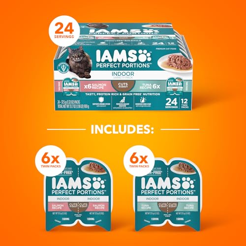 IAMS PERFECT PORTIONS INDOOR ADULT GRAIN FREE WET CAT FOOD CUTS IN GRAVY VARIETY PACK, TUNA RECIPE AND SALMON RECIPE, (12) 2.6 OZ. EASY PEEL TWIN-PACK TRAYS