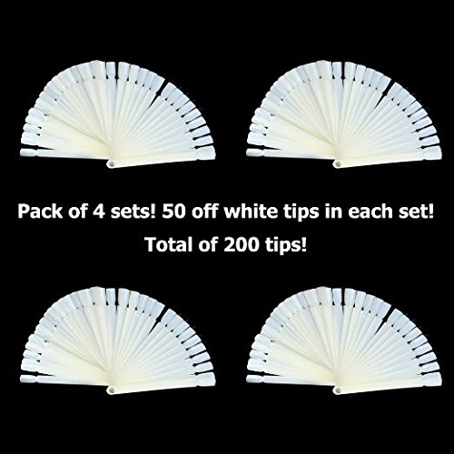 Beauticom 200 Natural Acrylic False Tip Sticks with Metal Ring Holders Fan-Shaped Nail Art Display Chart Practice Tips Tool - 200 Tips