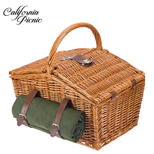 Picnic Basket Set for 4 Person Picnic Hamper Set | Double Lid | Beach Collection | Folding Picnic Blanket Ceramic Plates Metal Flatware Wine Glasses S/P Shakers Bottle Opener Green Lining Picnic Set - Thumbnail 2