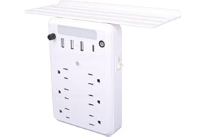 Heayzoki Wall Outlet Extender with Shelf, 6 AC Outlets 4 USB Ports Surge Protector Night Light, with Ambient Light Sensor, fo