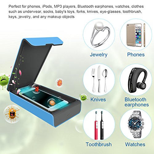 Smart Phone UV Sanitizer Portable UV Light Cell Phone Sterilizer Cleaner Aromatherapy Function Disinfector with USB Charging for iPhone Android Smart Phone Toothbrush Jewelry Watches (Blue)