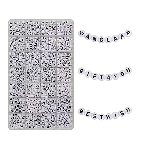 WangLaap 1450Pcs Acrylic 4x7mm Round Letter Beads Kits Alphabet A-Z Number Beads(White and Numbers)
