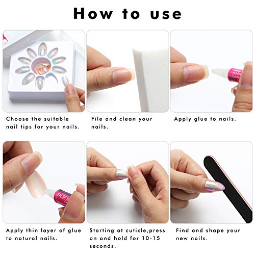 Ejiubas Press On Nails Chrome Stiletto Nail Tips Fake Nails with Nail Glue 24 Pcs 12 Sizes