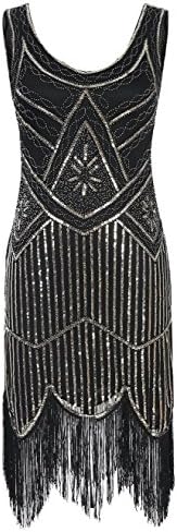 Emust Women's 1920s Gatsby Retro Sequined Embellished Fringed Flapper Dress Black Size Large