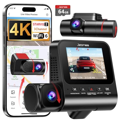 Dashcam Car Front Rear STARVIS 2 - Dashcam 4K 3-Channel Camera, Dashcam 360° Night Vision & HDR, 4K Front, 1080P Indoor & 1080P Rear, WiFi 6 & GPS, 24h Parking Monitoring with G-Sensor, 64GB Map