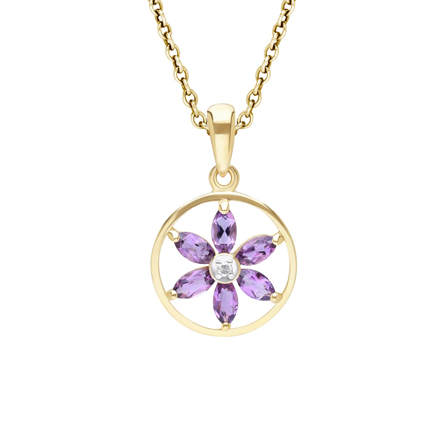 Ivy Gems 9ct Yellow Gold Amethyst and Diamond Flower Pendant with Prince of Wales Chain Length 46cm