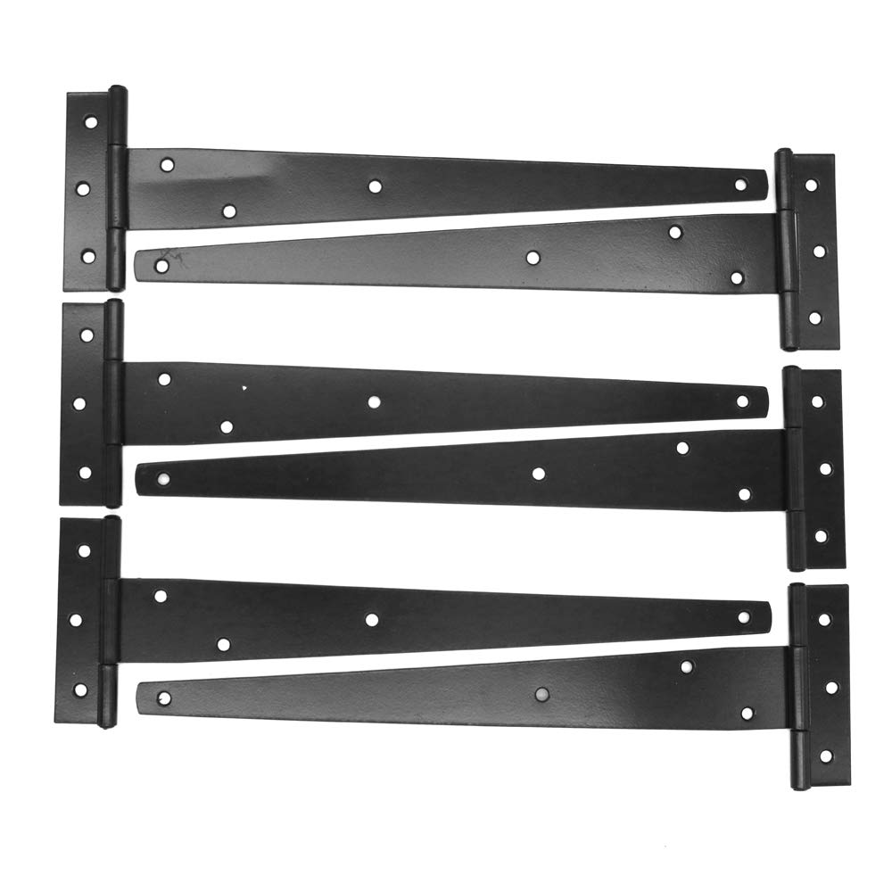 NUZAMAS 6-Piece 12-Inch Black Iron T-Strap Heavy Duty Shed Hinges, Rustic Classic Style, Plated Finish