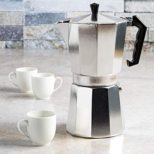 Primula Klassieke kookplaat en espresso- en koffiezetapparaat, moka pot, Greca-koffiezetapparaat, cafetière, 6 espressokopjes, zilver