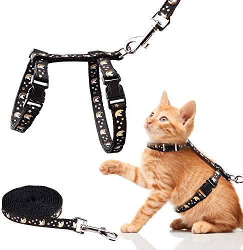 Basuppit Cat Harness and Leash Set Gold Moons Stars Soft Nylon Escape Proof Adjustable for Kittens Small Animals Glow in The Dark