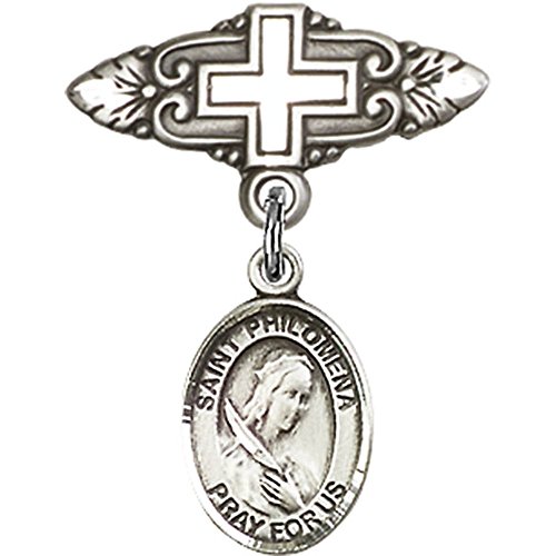 Sterling Silver Baby Badge with St. Philomena Charm and Badge Pin with Cross 1 X 3/4 inches