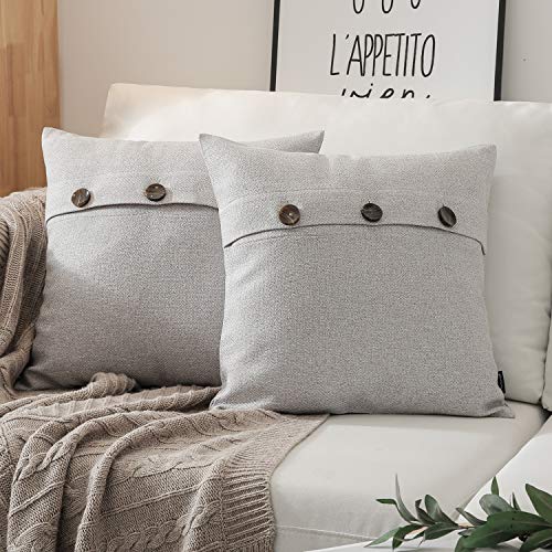 Phantoscope Farmhouse Throw Pillow Covers Triple Button Vintage Linen Solid Decorative Pillow Cover for Couch Bed and Chair Light Grey, 18 x 18 inches 45 x 45 cm, Pack of 2