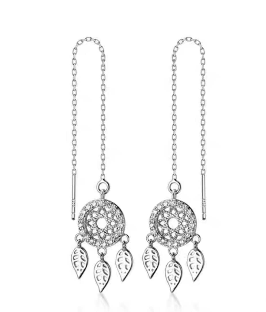 Iszie 925 Sterling Silver Sweet Little Feather Dreamcatcher With Cubic Zirconia Threader Pull Through Earrings For Girls Women