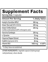Quemador de grasa y píldora de dieta termogénica pelada para hombres y mujeres. Aumenta el metabolismo, reprime el apetito, mejora la energía, apoya la claridad mental, mejora el estado de ánimo. Garcinia Cambogia, L-carnitina, B12., 1